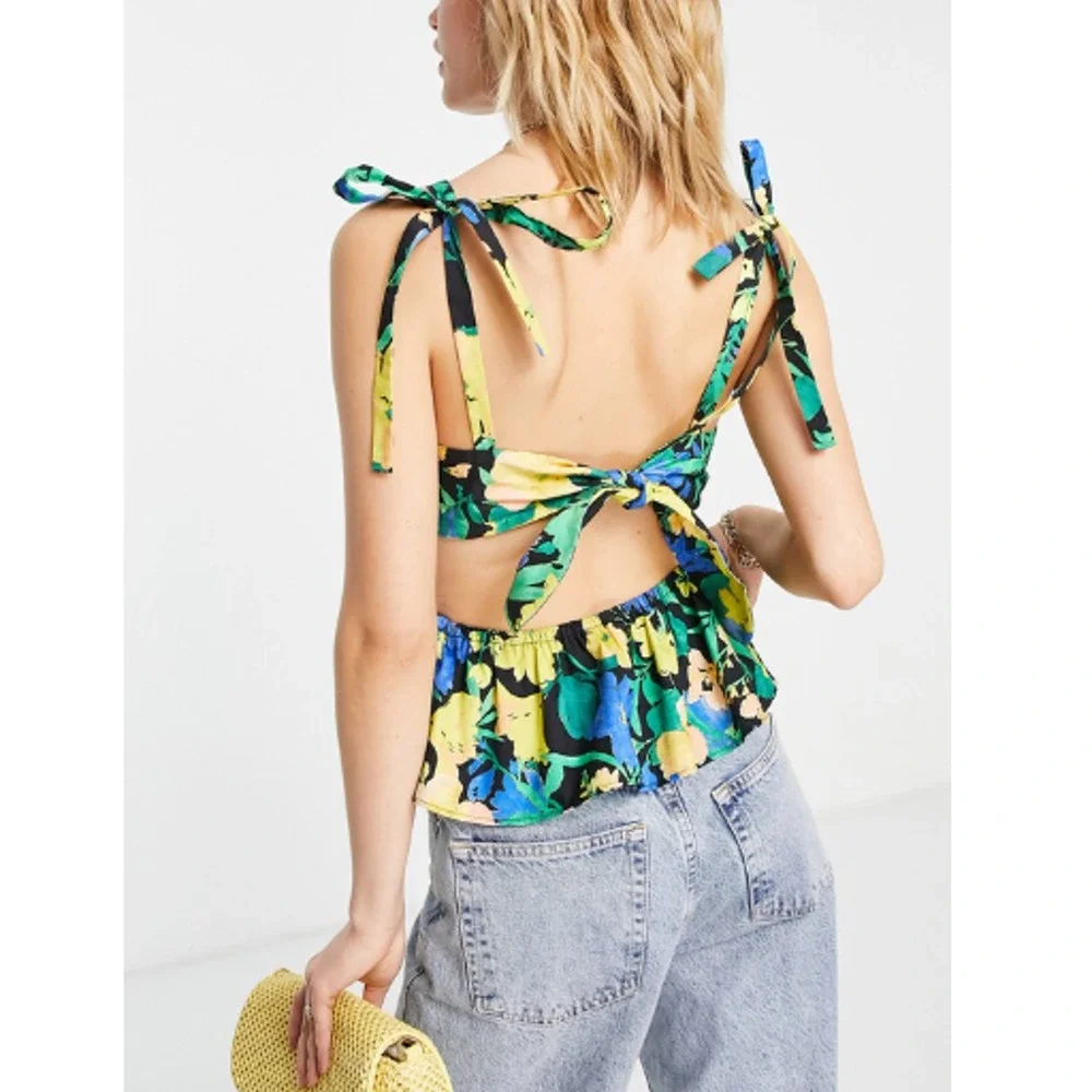 New TOPSHOP NORDSTROM Multicolor Floral Cutout Peplum Camisole 100% Cotton 4